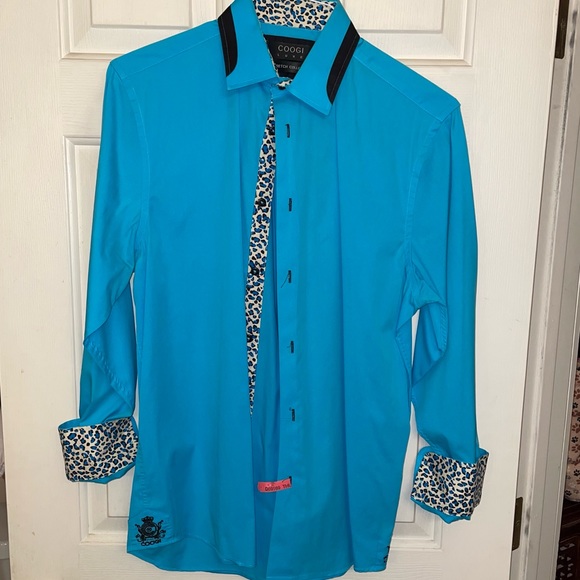 COOGI Luxe Stretch Collection Blue button shirt w/ Leopard cuffs & collar - Picture 13 of 13